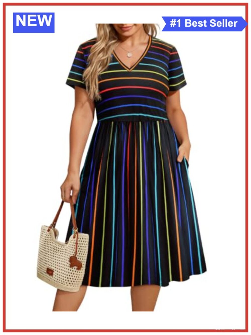 Plus Size V Neck Short Sleeve Boho Dress with Pockets Knee Length